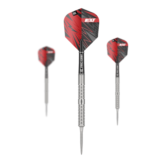 Target Sebastian Bialecki GEN1 Swiss Point Steeldarts - 22g Das Bild zeigt drei Steeldarts des Modells "Target Sebastian Bialecki GEN1 Swiss Point" mit einem Gewicht von 22g. Die Darts haben silberne Spitzen und Schäfte mit roten und schwarzen Flights.