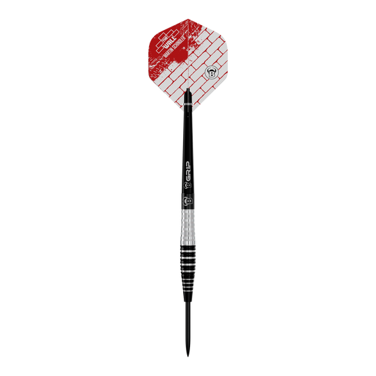 Bulls Martin Schindler Original Generation 3 steel darts Auf dem Bild ist ein Steeldart der Marke „Bulls Martin Schindler Original Generation 3“ zu sehen. Der Dart hat einen silbernen und schwarzen Schaft sowie ein rotes Flight mit Ziegelmuster.