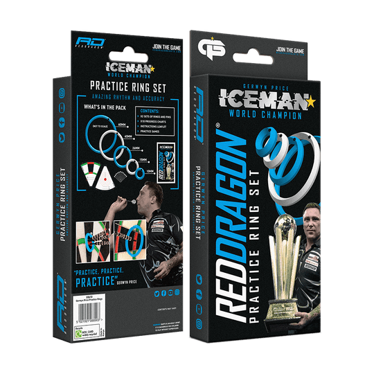 Auf dem Bild ist das Produkt „Red Dragon Gerwyn Price Practice Rings“ zu sehen. Die Verpackung zeigt blaue Übungsringe und ein Bild von Gerwyn Price mit einem Pokal.