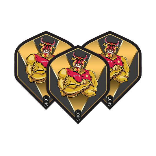 Das Bild zeigt drei Dart-Flights mit einem muskulösen, roten Stier auf goldenem Hintergrund. Auf den Flights steht der Name „Bully Boy“ und unten das Wort „Shot“.