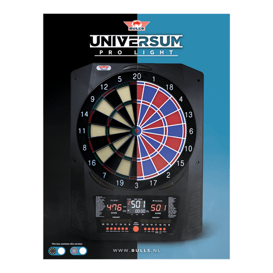Bulls NL Universum Pro Light Electronic Dartboard - Blue Red Hier sieht man das Bulls NL Universum Pro Light Elektronisches Dartboard in den Farben Blau und Rot. Dieses Dartboard bietet viele Spieloptionen.