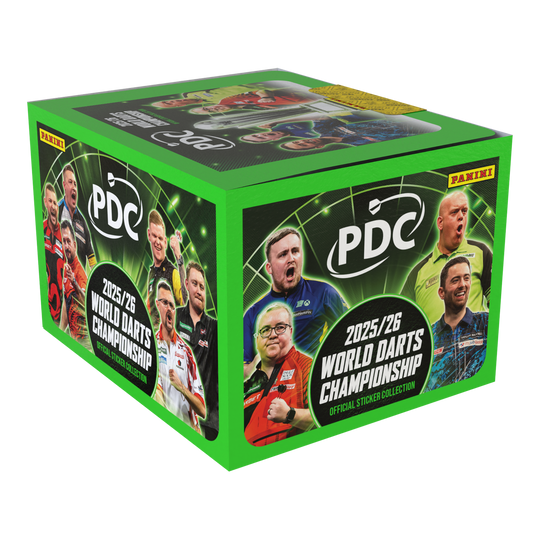 Panini PDC World Darts Championship 2025/26 - Sticker box with 65 packs Auf dem Bild sieht man die Panini PDC World Darts Championship 2025/26 Stickerbox mit 65 Tüten. Die Box ist speziell für Sammler und Fans der Darts-Weltmeisterschaft.