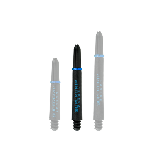 HR364_Harrows_Supergrip_Carbon_Shafts_Aqua_40mm_1 Das Bild zeigt drei Harrows Supergrip Carbon Shafts in der Farbe Aqua. Die Shafts sind unterschiedlich lang und haben schwarze Körper mit blauer Beschriftung.