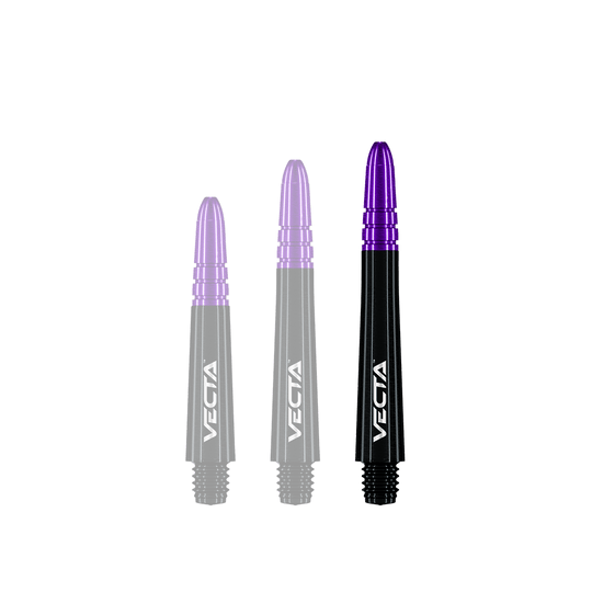 Winmau Vecta Shafts - Schwarz Lila Auf dem Bild sind drei Dartschäfte in unterschiedlichen Längen zu sehen. Sie sind schwarz mit violetten Spitzen und tragen die Aufschrift "VECTA".