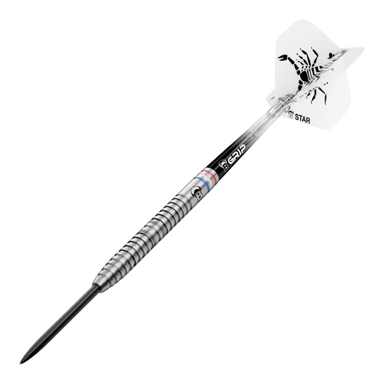 Abgebildet sind die Bulls Challenger Kendji Steinbach Steeldarts mit einem Gewicht von 23g. Die Darts haben ein markantes Design und sind speziell für Steeldart-Spieler entwickelt.
