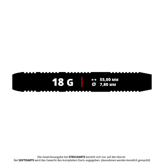 Target Josh Rock Brass Soft Darts - 18g Das Bild zeigt einen Target Josh Rock Brass Softdart mit einem Gewicht von 18 Gramm. Die Länge beträgt 55,00 mm und der Durchmesser 7,80 mm.