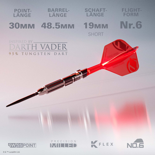 Das Bild zeigt die Target Star Wars Darth Vader Light Saber Limited Edition Steeldarts - 24g. Es handelt sich um eine limitierte Edition von Dartpfeilen inspiriert von Darth Vader.