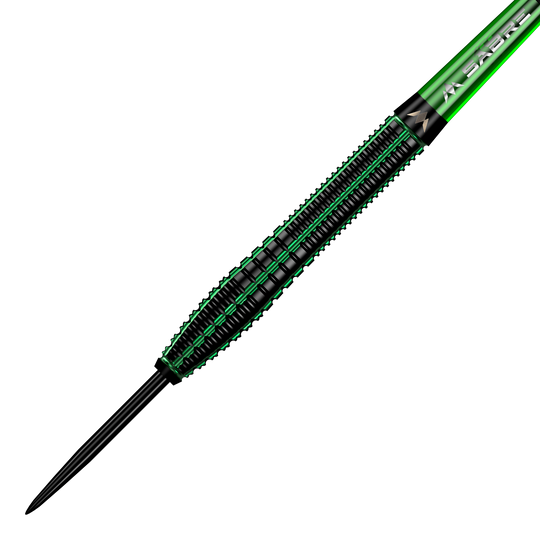 Mission Venom steel darts Das Bild zeigt einen Mission Venom Steeldart mit einem schwarzen und grünen Design. Der Dartpfeil hat eine schlanke Form und auffällige grüne Akzente entlang des Schafts.
