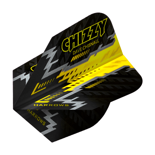 Das Bild zeigt ein Dartflight mit schwarzem, gelbem und silbernem Design. Auf dem Flight steht "Chizzy Dave Chisnall" sowie "Harrows".