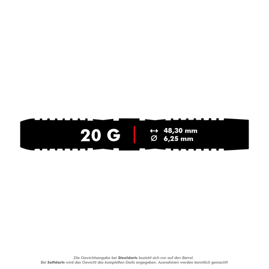 Red Dragon Panterra soft darts - 20g Das Bild zeigt die Produktangaben für die Red Dragon Panterra Softdarts mit einem Gewicht von 20 Gramm. Die Darts sind 48,30 mm lang und haben einen Durchmesser von 6,25 mm.