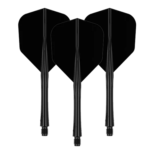 Caliburn SUP Lite No6 flight shaft system Das Bild zeigt drei schwarze Dart-Flights mit Schäften. Sie sind in einer aufrechten Position nebeneinander angeordnet.