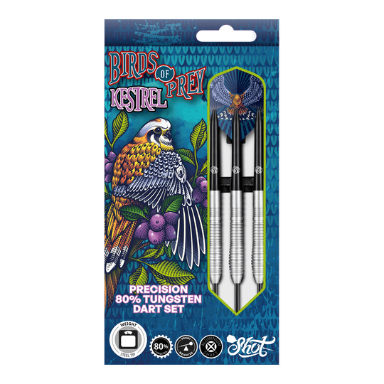 Shot Birds Of Prey Kestrel Steel Darts Das Bild zeigt die Verpackung der "Shot Birds Of Prey Kestrel Steeldarts". Auf der Verpackung ist ein bunter Vogel abgebildet, und die Darts bestehen aus 80% Tungsten.