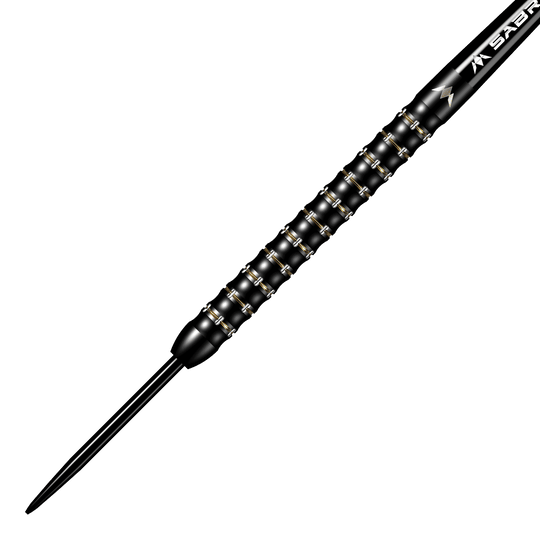 Das Bild zeigt den Mission Mike De Decker MDD Black Gold Steeldart. Der Dartpfeil ist überwiegend schwarz mit goldenen Akzenten und hat ein strukturiertes Griffdesign.