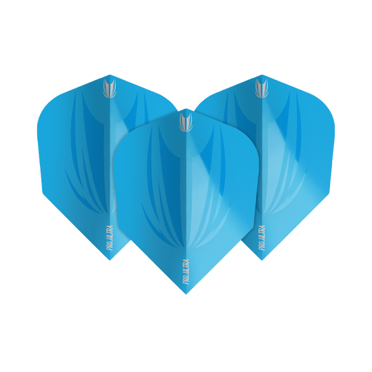 Das Bild zeigt drei blaue Dart-Flights mit dem Namen "Target ProUltra ID Lime Blue No6". Auf jedem Flight steht unten das Wort "PRO ULTRA".