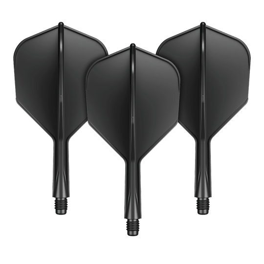 Das Bild zeigt drei schwarze Dart-Flights mit integriertem Shaft. Sie sind nebeneinander angeordnet und verfügen über einen kurzen Schaft mit Schraubgewinde.
