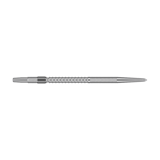 Target Swiss Firepoint Silver dart tips Das Bild zeigt eine silberne Dartspitze mit einem gerillten, strukturierten Design. Sie ist lang und schmal, mit einer spitzen Spitze am rechten Ende.