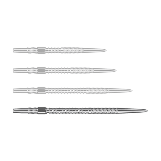 Target Swiss Firepoint Silver dart tips Das Bild zeigt vier silberne Dartspitzen, die nebeneinander liegen. Sie sind gleich lang und haben eine feine Riffelung für besseren Halt.