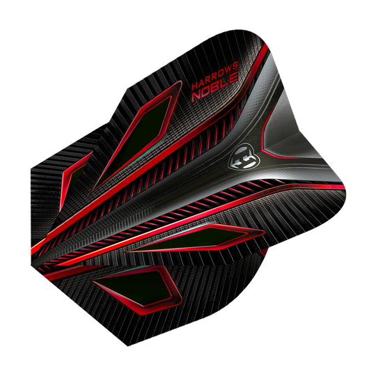 HR6_Harrows_Noble_Red_Standard_Flights_2 Das Bild zeigt die Harrows Noble Red Standard Flights für Darts. Sie sind überwiegend schwarz mit roten und silbernen Akzenten sowie einem modernen Design.