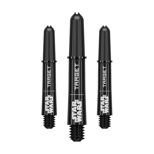 Target Star Wars ProGrip Shafts - Black Abgebildet ist das Produkt mit dem Dateinamen 380420_Target_StarWars_ProGrip_Shafts_Schwarz_Short_34mm_1Set. Vermutlich handelt es sich um schwarze ProGrip Shafts für Darts, Modell Star Wars, in kurzer Ausführung.