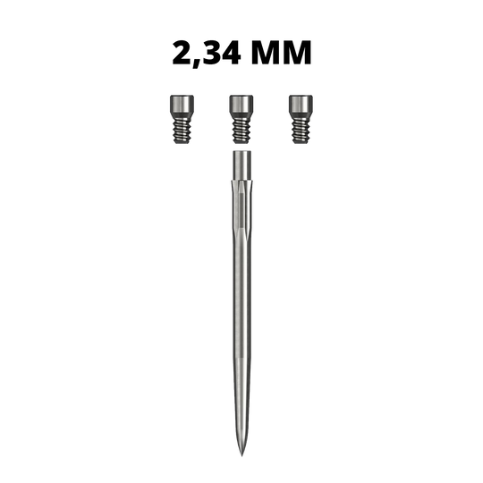 Caliburn System Spigots Ein silbernes Caliburn Evo System Steeldartspitze Spigot mit einer Länge von 23,4 mm ist abgebildet. Die Dartspitze liegt auf weißem Hintergrund.