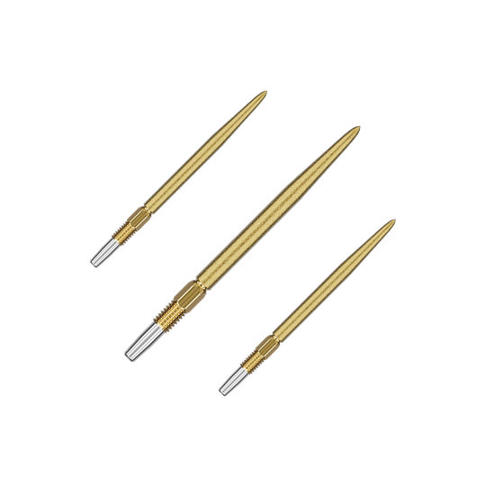 Target Swiss Point SLK dart tips - gold Das Bild zeigt drei goldfarbene Dartspitzen, die nebeneinander liegen. Die Spitzen haben ein schlankes, glänzendes Design mit silbernen Enden.