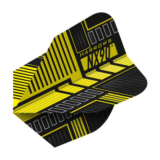 Das Bild zeigt die Harrows Prime NX90 Yellow Flights mit einem auffälligen gelb-schwarzen Design. Auf den Flights steht der Text "HARROWS NX90".
