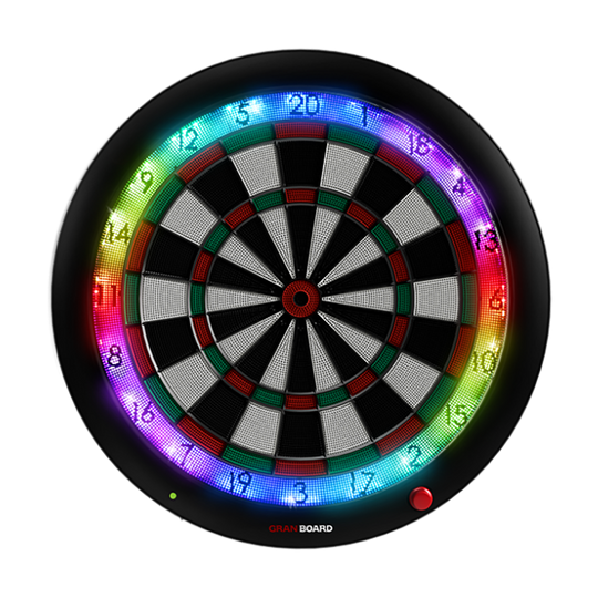 Das Bild zeigt das GranBoard 3S LED elektronische Dartboard. Der Zahlenring leuchtet in verschiedenen bunten LED-Farben.