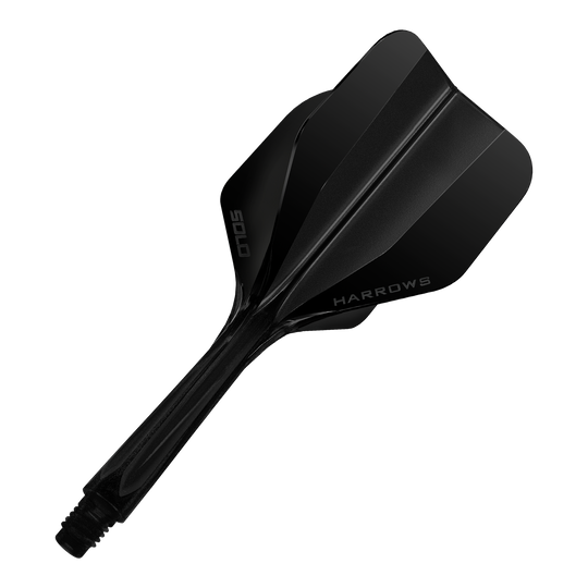 Dies ist das Harrows Solo No6 Flight-Shaft-System in Schwarz. Das Bild zeigt das Produkt in einer Nahaufnahme.