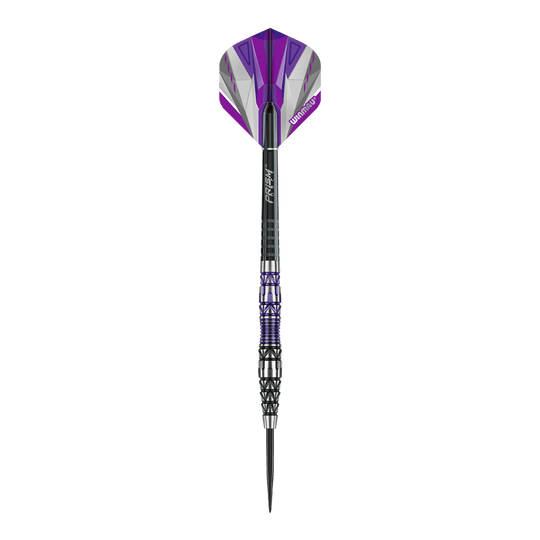 Winmau Simon Whitlock Special Edition 2020 steel darts Das Bild zeigt den Winmau Simon Whitlock Special Edition 2020 Steeldart. Der Dart hat ein auffälliges Design mit lila, schwarzen und silbernen Akzenten.