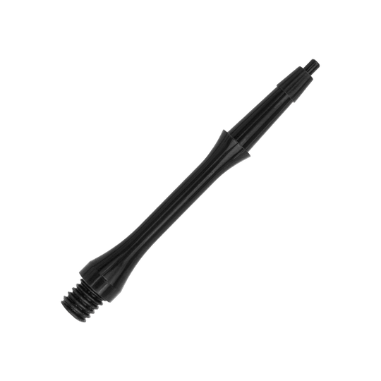Das Bild zeigt einen schwarzen Harrows Clic Slim Shaft. Es handelt sich um ein schlankes Kunststoffteil für Darts.