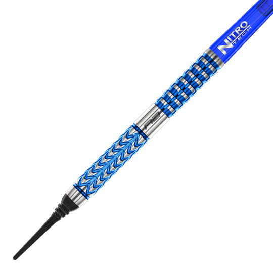 Red Dragon Gerwyn Price Glacier Softdarts - 18g Das Bild zeigt einen Red Dragon Gerwyn Price Glacier Softdart mit einem Gewicht von 18g. Der Dart hat ein auffälliges blau-silbernes Design und eine schwarze Kunststoffspitze.