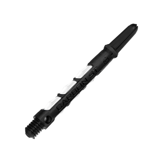 Auf dem Bild ist ein Harrows Carbon ST Shafts in Weiß zu sehen. Der Schaft ist schwarz mit weißen Akzenten und besteht aus robustem Material.