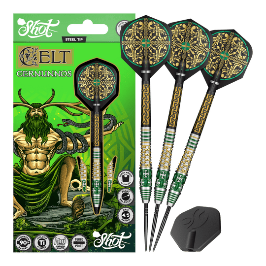 Shot Celt Cernunnos Turbo Point Steeldarts Das Produktfoto zeigt mehrere Shot Celt Cernunnos TurboPoints Steeldarts. Die Darts sind als Gruppe abgebildet.