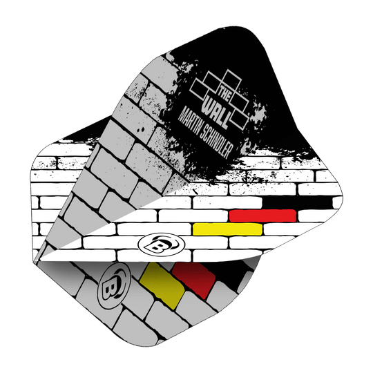 Bulls B-Star Martin Schindler White No2 Standard Flights Das Bild zeigt die Bulls B-Star Martin Schindler White No2 Standard Flights. Das Design erinnert an eine weiße Backsteinmauer mit den Farben der deutschen Flagge und dem Text "The Wall Martin Schindler".