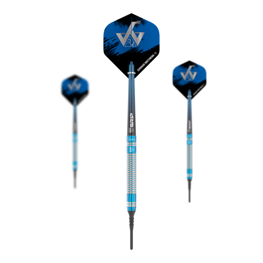 Das Bild zeigt die Bulls Jermaine Wattimena Generation 3 Softdarts mit einem Gewicht von 20g. Die Darts haben ein blau-silbernes Design mit schwarzen und blauen Flights.
