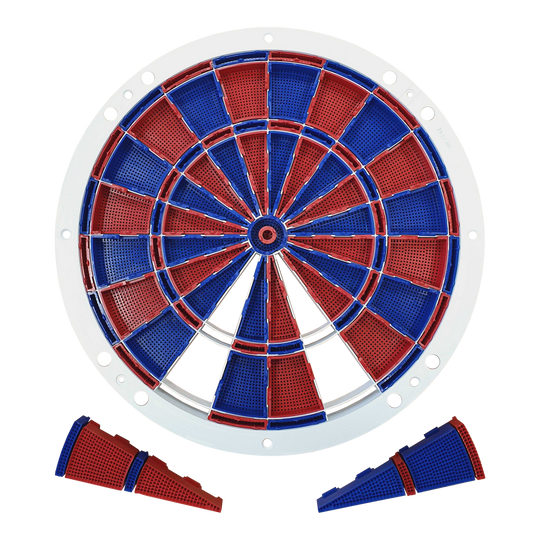 Löwen Dart spare parts 82 segment and spider set Auf dem Bild ist ein Ersatzteil-Set für eine elektronische Dartscheibe zu sehen. Die Segmente sind abwechselnd rot und blau gefärbt und werden von einem weißen Rahmen gehalten.