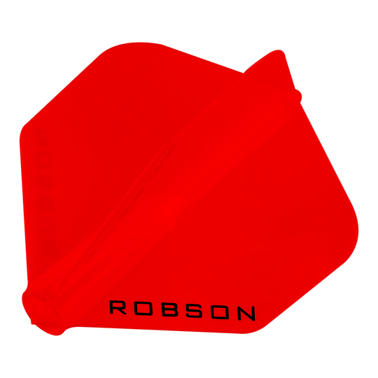 Das Bild zeigt einen roten Dartflight mit der Aufschrift "ROBSON". Der Flight hat eine sechseckige Form und ist komplett rot gefärbt.