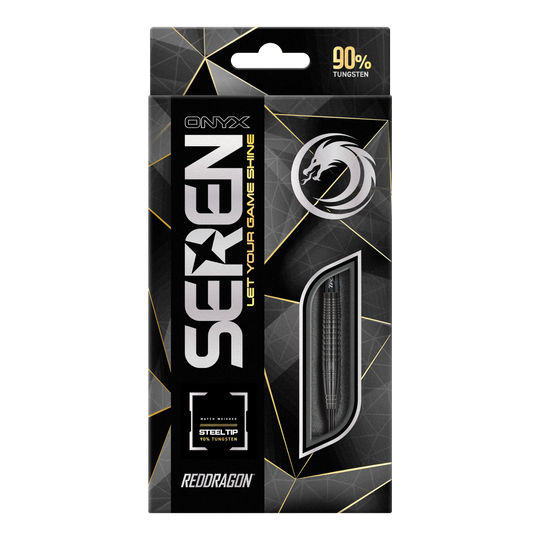 Red Dragon Seren 4 Onyx Steeldarts Das Bild zeigt die Verpackung der "Red Dragon Seren 4 Onyx Steeldarts". Auf der Verpackung steht, dass die Darts aus 90% Tungsten bestehen.