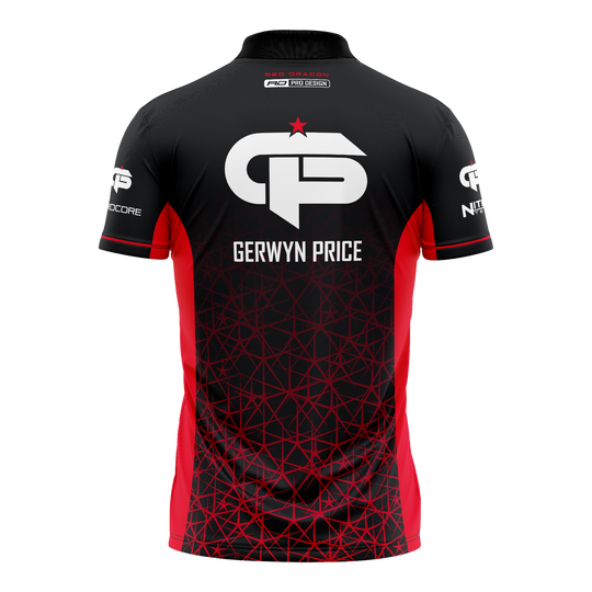 Red Dragon Gerwyn Price Red Tour Polo Dart Shirt Dies ist ein schwarzes und rotes Dartshirt mit dem Namen "Gerwyn Price" auf dem Rücken. Auf dem Shirt befindet sich ein großes weißes Logo und geometrische rote Muster.
