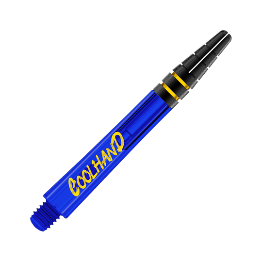 Das Bild zeigt einen blauen Dart-Schaft mit der gelben Aufschrift "COOLHAND". Der obere Teil des Schafts ist schwarz mit zwei goldenen Ringen.