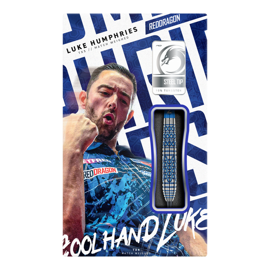 Red Dragon Luke Humphries TX5 steel darts Gezeigt werden die Red Dragon Luke Humphries TX5 Steeldarts. Das Foto stellt die Steeldarts aus einer weiteren Perspektive dar.