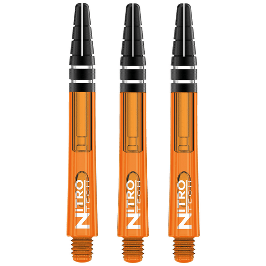C523-Nitrotech-Orange-Medium-H Das Bild zeigt drei orangefarbene RedDragon Nitrotech Shafts. Sie sind speziell für Dartpfeile entworfen und haben schwarze Spitzen.