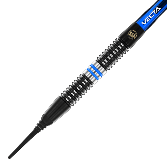 Winmau Galactics soft darts - 20g Das Bild zeigt einen Winmau Galactics Softdart mit einem Gewicht von 20 Gramm. Der Dart hat ein schwarzes Griffteil mit silbernen und blauen Akzenten.