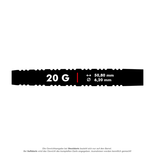 RD2386_Red_Dragon_Nirvana_Softdarts_5_20g Das Bild zeigt die Produktdetails der Red Dragon Nirvana Softdarts mit einem Gewicht von 20 Gramm. Die Darts haben eine Länge von 50,80 mm und einen Durchmesser von 6,20 mm.