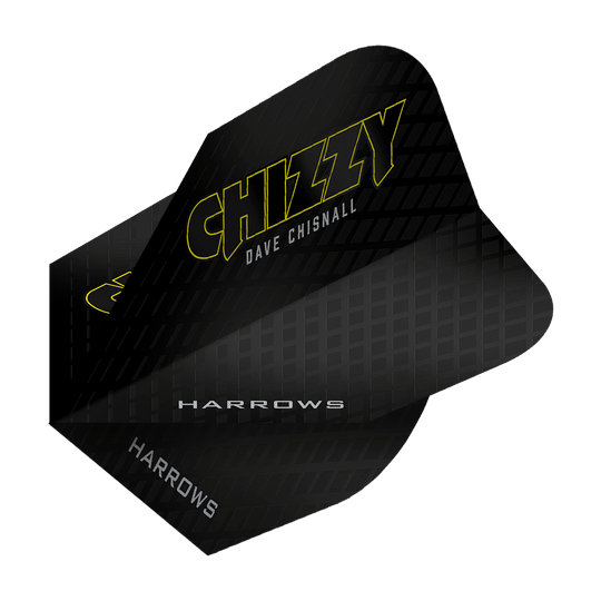 Das Bild zeigt das Produkt „Harrows Dave Chisnall Chizzy Series 3 Flights“. Die Flights sind schwarz mit gelber Schrift und tragen den Namen „Chizzy“ sowie „Dave Chisnall“.