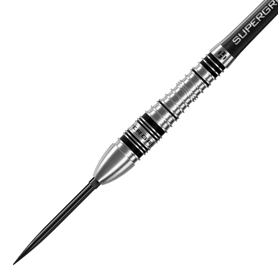 Abgebildet sind die Harrows Supergrip Bomb Quick Point Steeldarts. Es handelt sich um Steeldarts mit spezieller Supergrip-Technologie.