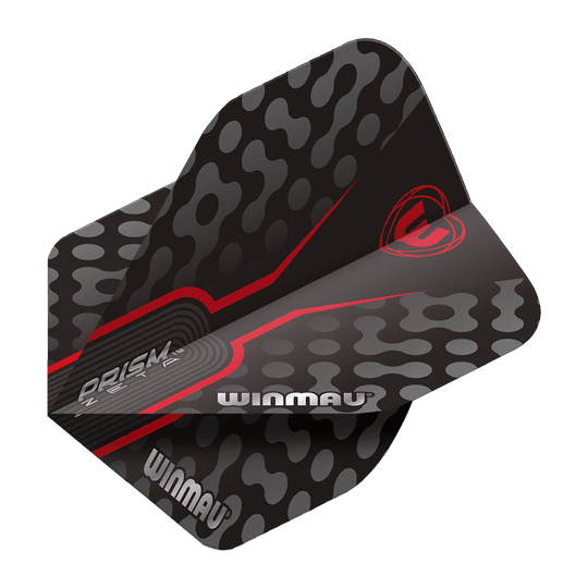 Das Bild zeigt das Produkt "Winmau Prism Zeta GreyRed Standard Flights". Die Dart-Flights sind überwiegend grau und schwarz mit roten Akzenten und dem Winmau-Logo.