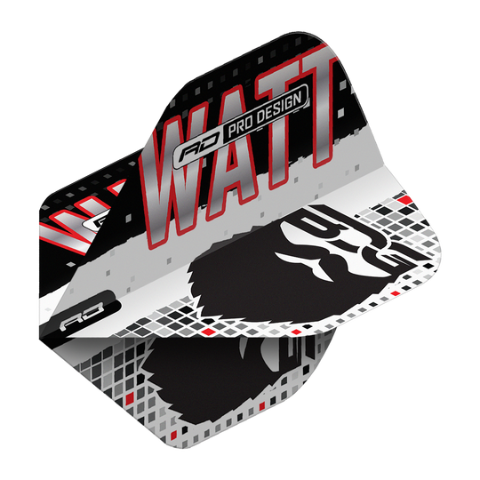 Red Dragon Hardcore Jason Watt BDG Premium No2 Standard Flights Das Bild zeigt die Red Dragon Hardcore Jason Watt BDG Premium No2 Standard Flights. Das Design ist in Schwarz, Weiß und Rot gehalten und trägt den Schriftzug "WATT" sowie eine stilisierte Grafik.