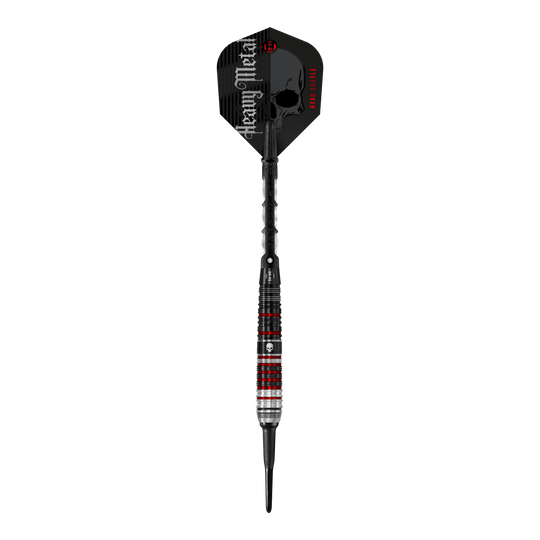 Harrow's Ryan Searle Heavy Metal Series 2 soft darts Das Bild zeigt einen Harrows Ryan Searle Heavy Metal Series 2 Softdart. Der Dartpfeil hat ein auffälliges Design mit schwarzen, roten und silbernen Akzenten sowie der Aufschrift "Heavy Metal" auf dem Flight.