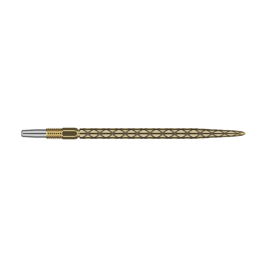Target Swiss Diamond Pro Gold dart tips Das Bild zeigt eine goldene Dartspitze mit einem diamantförmigen Muster. Die Spitze ist schmal und hat am vorderen Ende einen silbernen Bereich.